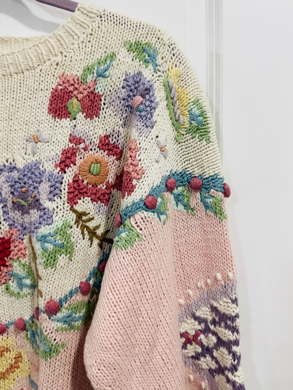 VTG Jennifer Reed Hand Knit Floral Embroidered Sweater Large Pastel Bobble NWT - Picture 5 of 10